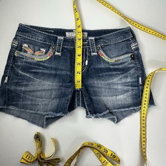 Big Star Shorts Womens 24 Blue Denim Jean MulticolorNeon Embroidered Distressed - Picture 12 of 14